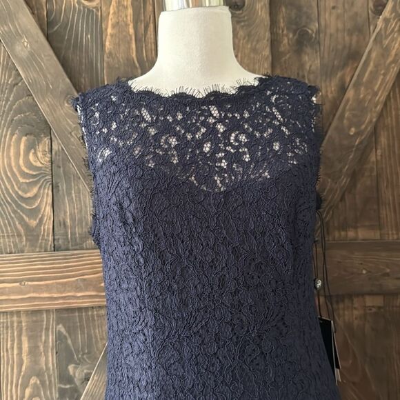 Adrianna Papell Elegant Sleeveless Lace Trumpet Navy Gown - Picture 5 of 17